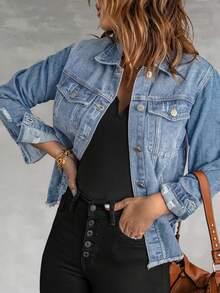Necooer Women's Denim Jacket Old Wash Button Boyfriend Denim Jacket Jacket With Pocket - Màu xanh nhạt - Xem 15