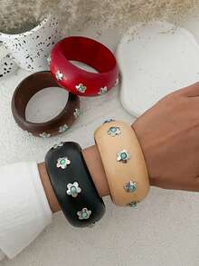 1pc Rustic Style Geometric Exaggerated Inlaid Faux Turquoise Flower Charm Jewelry Wooden Cuff Bracelet, Luxurious & Elegant, Suitable For Wedding, Banquet, Vacation, Party, Daily Casual, Street Style, Women, Couples, Holiday, Birthday, Versatile Gift - Bracelet - View 4