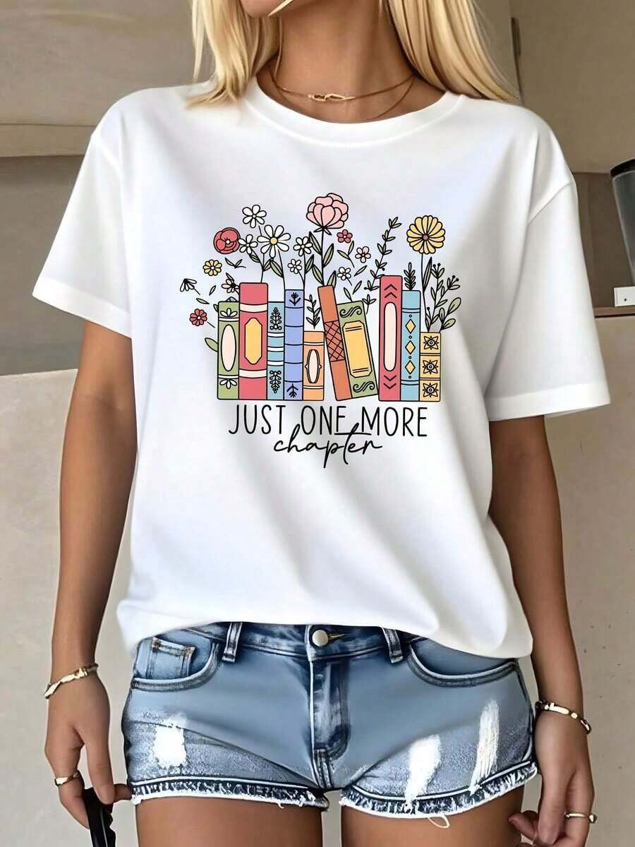 Women's T-Shirt With Book And Flower Print, 'Just One More Chapter' Design, Round Neck, Loose Fit, Comfortable, Breathable, Cotton, Casual, For Everyday Wear And Book Lovers, Perfect Gift - 白色 - 查看 1