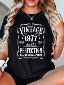 1 Piece Of Limited Edition 1977 Vintage Letter Print T-Shirt, Short Sleeve, Round Neck, Casual Top For Summer And Spring, Women's Clothing, 180g, 100% Cotton. - 黑色 - 查看 6