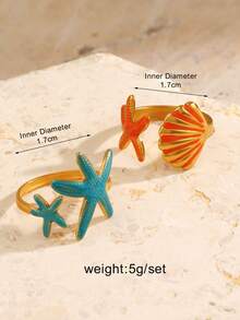 2pcs/Set Stainless Steel Enamel Starfish & Shell Ring Set, Suitable For Women's Summer Beach Vacation Wear - Multicolor - View 2