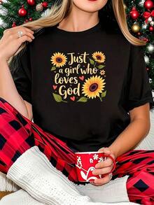 Plus Size Graphic T-Shirts - Plus Size T-Shirt With A Sunflower And Heart Design Symbolizing Love For God, Short-Sleeved Crew Neck Print Tee - Machine Washable, Casual Style, Comfortable Fit, Versatile Design For Everyday Wear, 100% Cotton. Soft - 黑色 - 查看 1