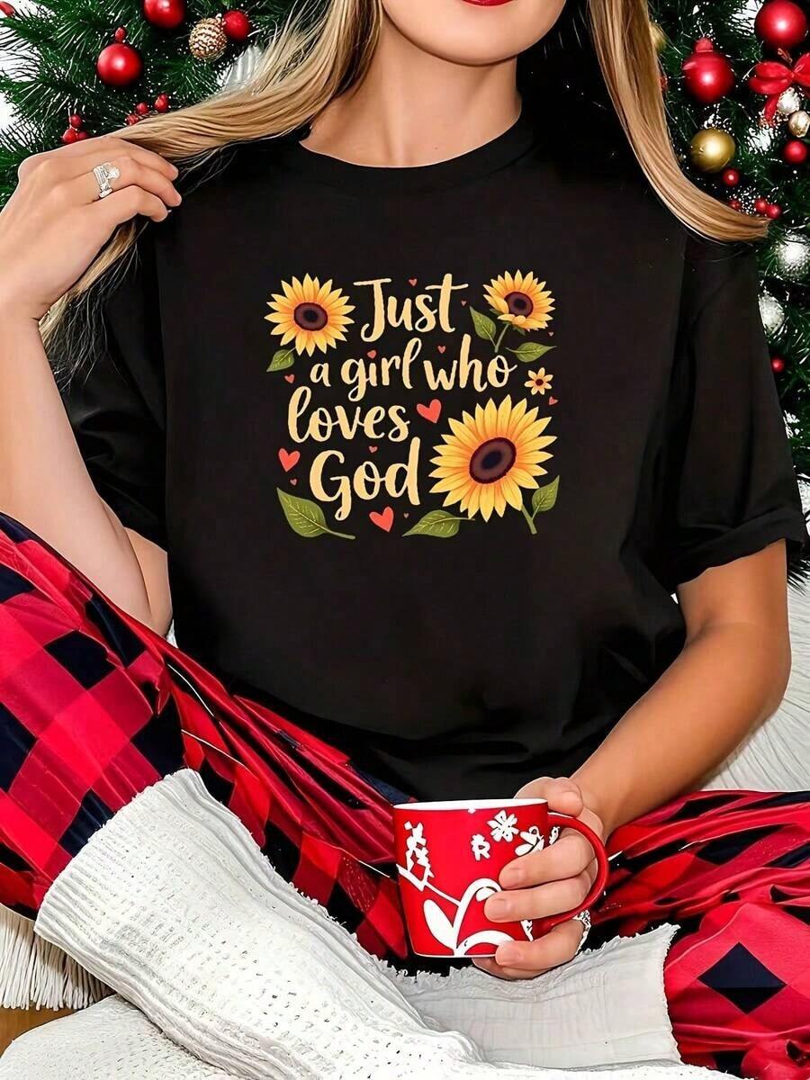 Plus Size Graphic T-Shirts - Plus Size T-Shirt With A Sunflower And Heart Design Symbolizing Love For God, Short-Sleeved Crew Neck Print Tee - Machine Washable, Casual Style, Comfortable Fit, Versatile Design For Everyday Wear, 100% Cotton. Soft - 黑色 - 查看 1