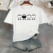 Camiseta Oversize de Mujer con Estampado de Oveja - Top Suave y Transpirable de Corte Holgado con Diseño de Oveja, Blusa Minimalista de Cuello Redondo para Verano, Ropa Casual y de Fiesta Lavable a Máquina, Básico Versátil para el Armario de Primavera y Verano S-XXXL - Blanco - Ver 1