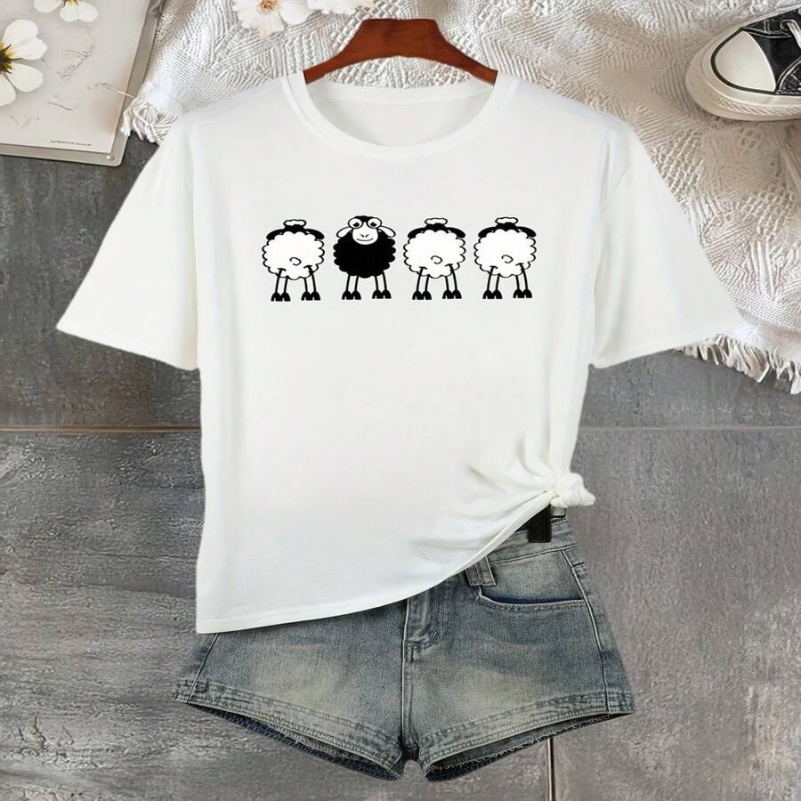 Camiseta Oversize de Mujer con Estampado de Oveja - Top Suave y Transpirable de Corte Holgado con Diseño de Oveja, Blusa Minimalista de Cuello Redondo para Verano, Ropa Casual y de Fiesta Lavable a Máquina, Básico Versátil para el Armario de Primavera y Verano S-XXXL - Blanco - Ver 1