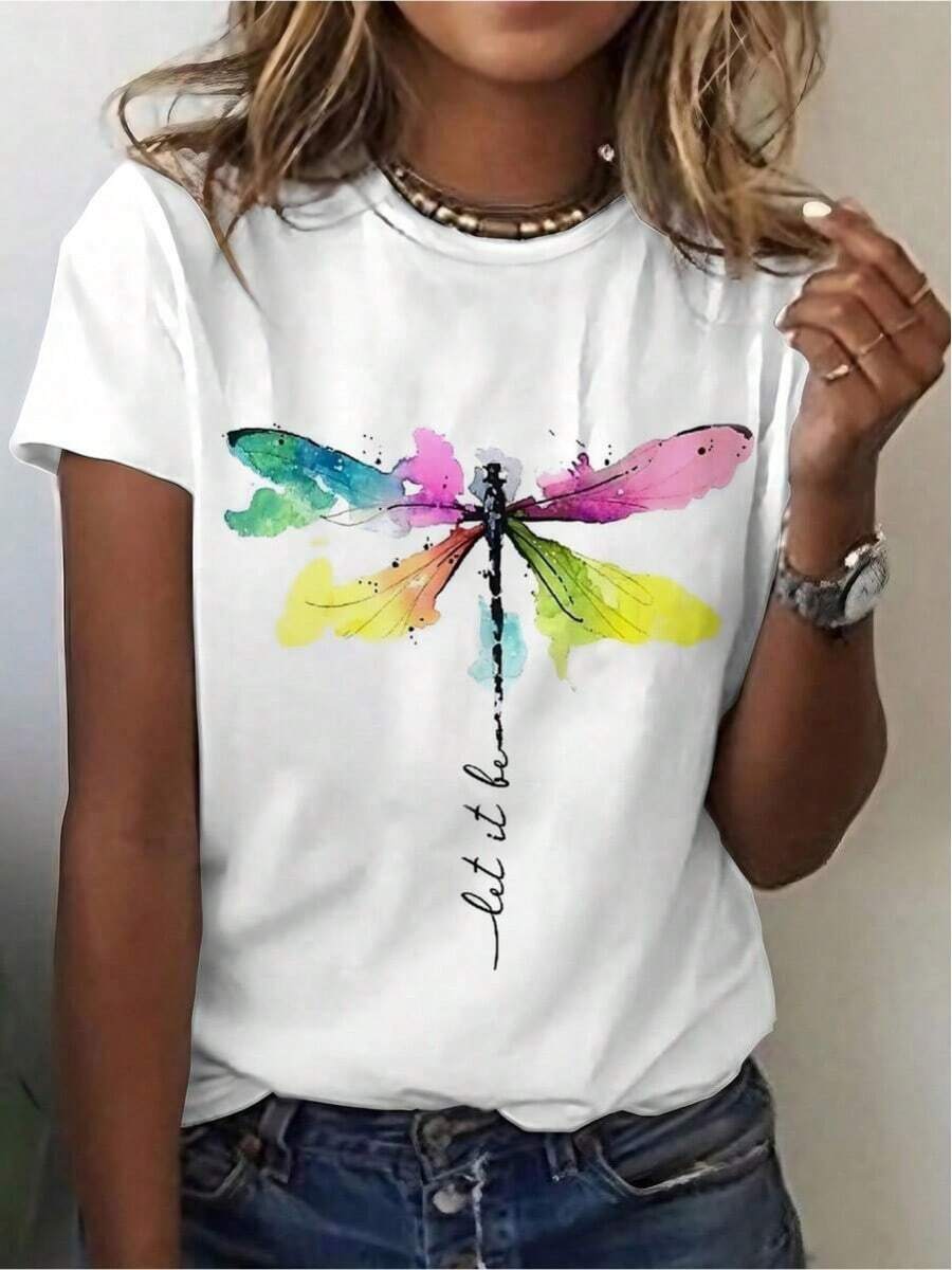 Nueva Camiseta Casual de Moda, Camiseta de Manga Corta con Cuello Redondo y Estampado de Libélula 3D para Mujer, Camiseta de Algodón, Regalo Ideal - Blanco - Ver 1