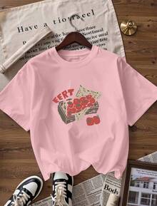 Strawberry Print T-Shirt With "EERT" Text,  Short-Sleeve T-Shirt For Spring/Summer 2026, Made In Mexico, 180 Grams. Cartoon Print, Couple Design, Suitable For Indoor Or Outdoor Wear. Crew Neck, Unisex, Ideal For Office And Leisure. One-Pack. - PK-P631577SLNDXZGY636 - 查看 4
