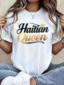 Women's T-Shirt With Haitian Queen Crown Design Print, Short Sleeve, Round Neck, Casual - 白色 - 查看 6