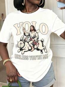 1 Piece Of Women's Summer T-Shirt With Jesus Riding A Rabbit Print, "Yolo Unless You're Me", Casual Short-Sleeved Round Neck T-Shirt For Spring And Summer, Gifts For Friends And Family. - White - View 6