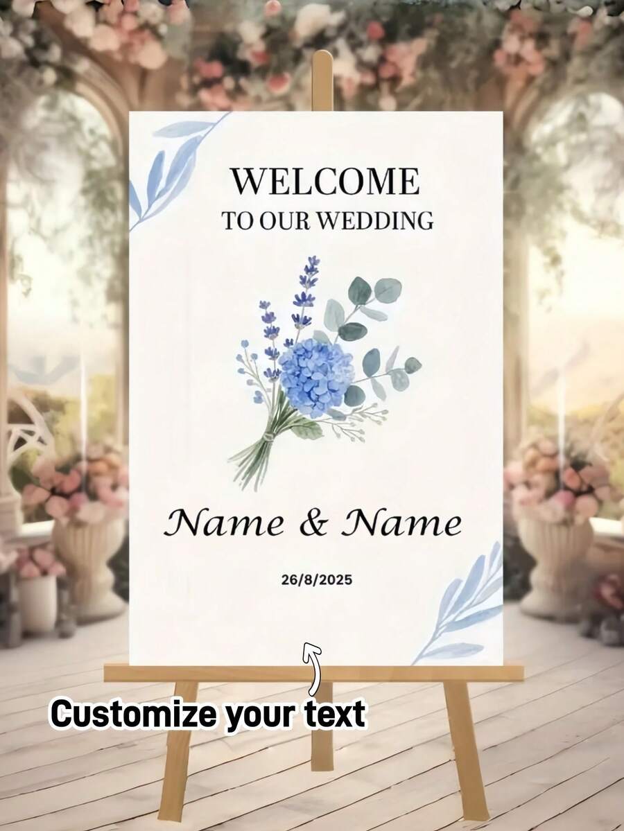 Customized Wedding Welcome Sign With Name/Text And Elegant Floral Design - Horizontal Style Suitable For Indoor And Outdoor Use, Perfect For Spring And Autumn Parties, Photo Backdrop - No Stand Needed, Easy To Hang, Suitable For Weddings, Events And Decor - Multicolor - View 1