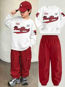 Tween Boy Letter Print Crew Neck Sweatshirt And Sweatpants Casual Set - Red - View 1