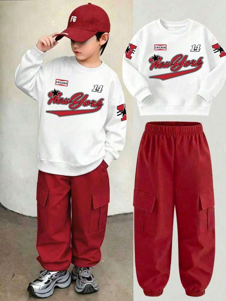 Tween Boy Letter Print Crew Neck Sweatshirt And Sweatpants Casual Set - Red - View 1