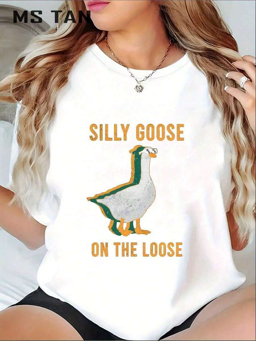 Women's Casual Summer T-Shirt With Fun Goose Print, Pure Cotton Crew Neck Short Sleeve T-Shirt, Slightly Stretchy Knit Fabric, Regular Length - Suitable For All Seasons - 白色 - 查看 1