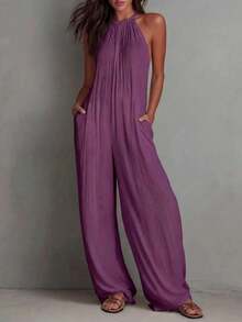 White Wide-Leg Jumpsuit With Pleats And Open Back, Perfect For A Holiday Look. - Purple - View 1