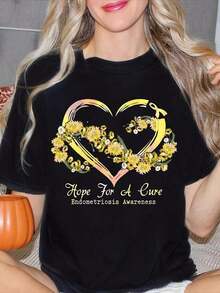 Camiseta de mujer con estampado de corazón y flor, con la frase "Esperanza para una curación", para conciencion sobre la endometriosis. Manga corta, cuello redondo, estilo casual, ideal como regalo de verano para amigas y familiares de mujeres. Tejido de algodón, lavable a máquina, camiseta casual para mujer, adecuada para ocasiones informales. Blusas para mujer. - Negro - Ver 1