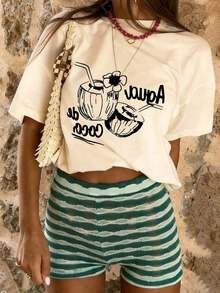 1 Piece Of Short-Sleeved, Round-Neck Polyester T-Shirt With A Tropical Coconut Drink Print, For Men And Women, Ideal For Casual Beach Wear During The Summer. Versatile, Easy To Match, Suitable For Daily Wear, Urban Style, Vacation Outfits, And Weekend Outfits. - 杏 - 查看 1