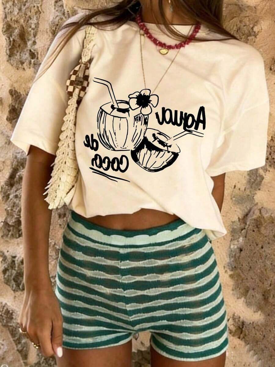 1 Piece Of Short-Sleeved, Round-Neck Polyester T-Shirt With A Tropical Coconut Drink Print, For Men And Women, Ideal For Casual Beach Wear During The Summer. Versatile, Easy To Match, Suitable For Daily Wear, Urban Style, Vacation Outfits, And Weekend Outfits. - 杏 - 查看 1