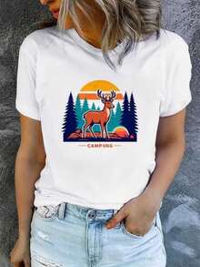 Women's Plus Size Crew Neck Casual T-Shirt With Fun Vintage Deer Print, Camping, Forest And Sunset Theme, Machine Washable, Casual And Versatile, Loose And Comfortable, A Perfect Gift For A Good Friend - 白色 - 查看 1