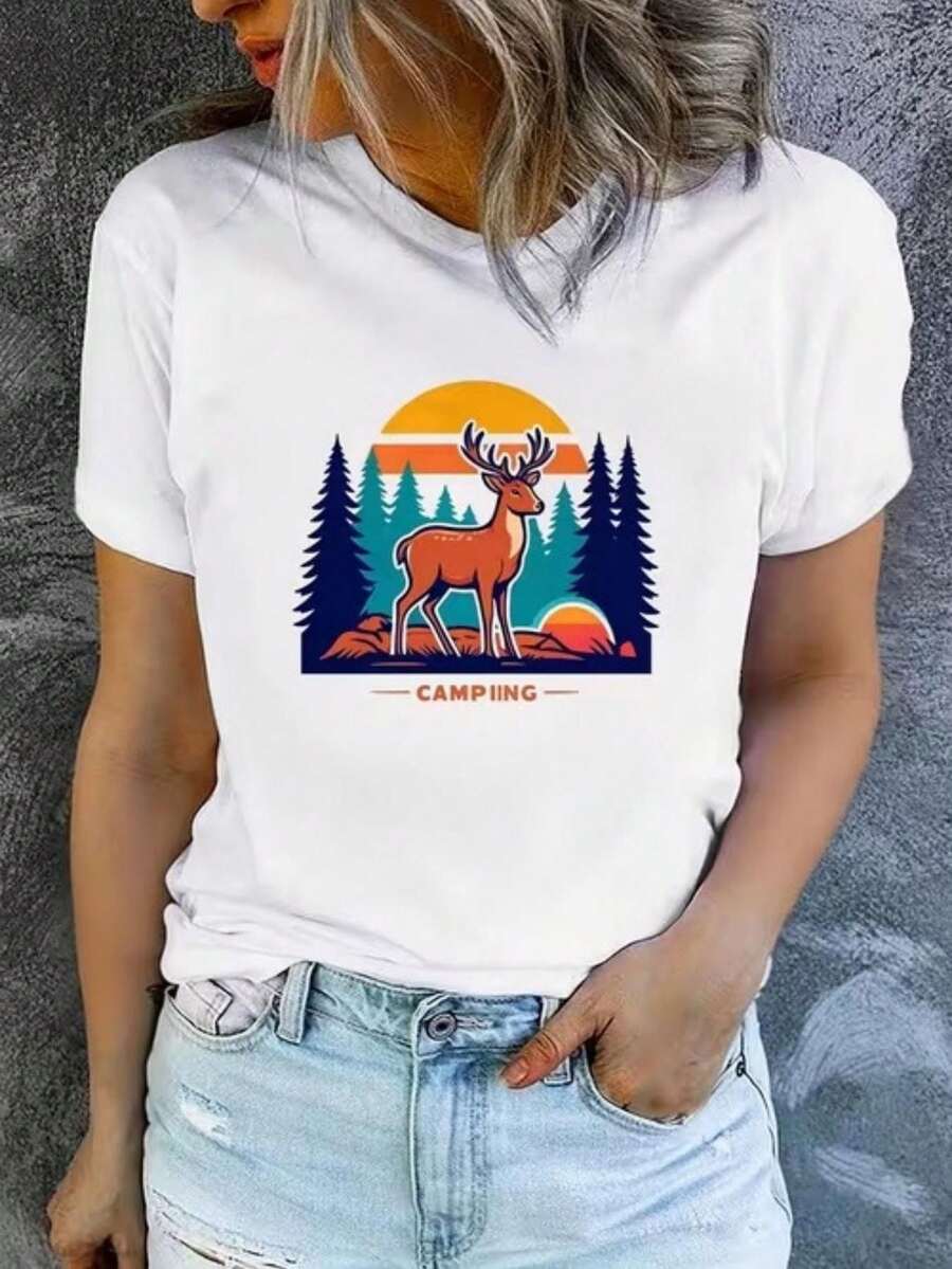 Women's Plus Size Crew Neck Casual T-Shirt With Fun Vintage Deer Print, Camping, Forest And Sunset Theme, Machine Washable, Casual And Versatile, Loose And Comfortable, A Perfect Gift For A Good Friend - 白色 - 查看 1