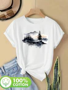 Camiseta de Mujer - Camiseta con Estampado Gráfico de Paisaje Montañoso en Acuarela - Transpirable, de Manga Corta y Cuello Redondo, Top Casual para Primavera y Verano, Lavable a Máquina - Camisetas para Salir de Mujer - Blanco - Ver 3