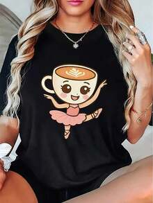Women's Black Short-Sleeved T-Shirt With Cute Coffee Ballerina And Artistic Latte Print - Lightweight And Stretchy Casual Top With Round Neck, Machine Washable Blouse For All Seasons For Casual Wear, Coffee Outfits And - 黑色 - 查看 2
