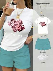 Conjunto de dos piezas para mujer, camiseta con estampado de estrellas de mar y flores de lirio, con letras "DELIGHTFUL", y shorts, estilo fresco de verano - BLANCO camiseta+VERDE bermudas - Ver 7