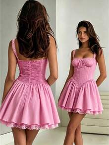 Women's Flower Embroidery Boho Mini Dress Backless Self-Tie Bowknot Square Neck Wide Straps Ruffle Mini Dresses Sleeveless Summer Vacation Short A-Line Dress - F1309-pink - View 1