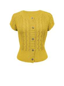 Nuevo cárdigan vintage con botones delanteros y tejido de punto calado - Amarillo - Ver 3
