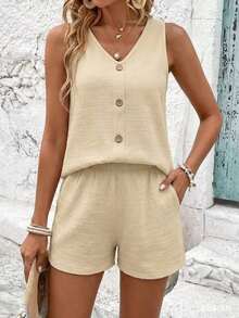 LUNE Conjunto De Camiseta Sin Mangas Y Pantalones Cortos De Color Sólido Para Mujer Con Cuello En V - Albaricoque 2 - Ver 4
