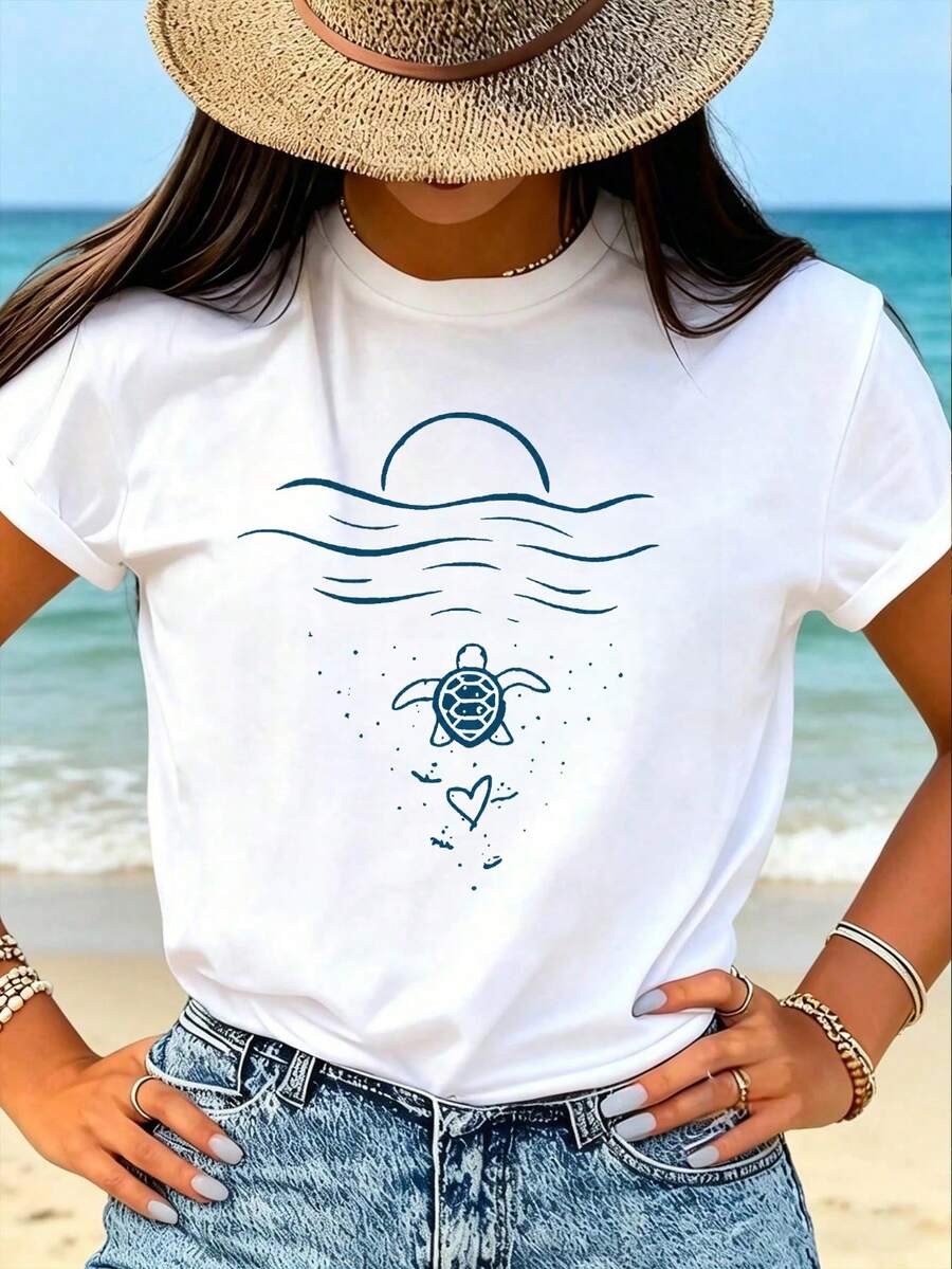 Women's Casual T-Shirt With Round Neck, Short Sleeves And Turtle Print, Regular Fit, Ideal For A Summer Beach Style And For Everyday Wear. - 白色 - 查看 1