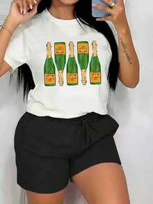 Camiseta de Verano con Estampado Gráfico de Champán, Manga Corta, Cuello Redondo, Top Casual para Mujer para Verano y Primavera, Ropa de Mujer Transpirable y Cómoda - Blanco - Ver 1
