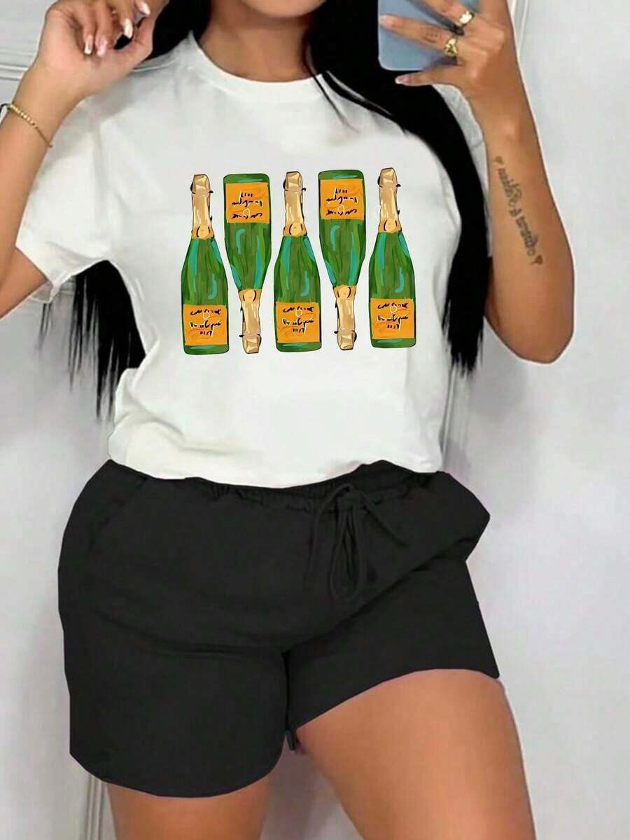 Camiseta de Verano con Estampado Gráfico de Champán, Manga Corta, Cuello Redondo, Top Casual para Mujer para Verano y Primavera, Ropa de Mujer Transpirable y Cómoda - Blanco - Ver 1