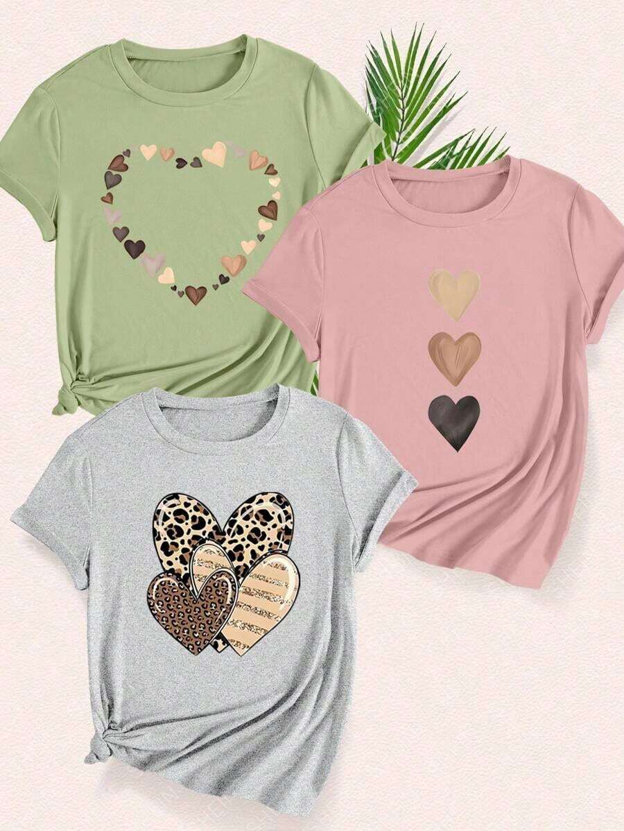 Camiseta de manga corta con cuello redondo de estampado multicolor de corazones y leopardo, apta para uso diario, exterior y casual, para las 4 estaciones - Multicolor 2 - Ver 1