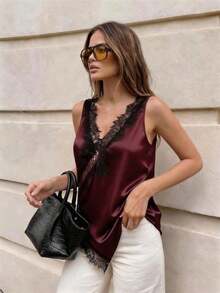 Blusa negra de mujer casual y elegante con cuello en V sin mangas, con encaje, recortes de encaje y bajo irregular, adecuada para uso diario/Día del maestro/atuendo de negocios/viajes/vacaciones relajantes.Blusa negra de encaje, blusa negra de e - Burdeos - Ver 1