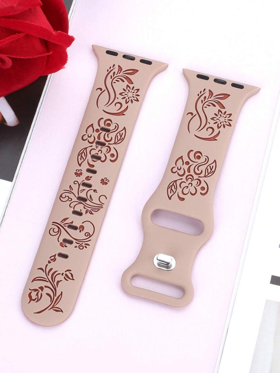 雕花矽膠錶帶,相容於 40mm 41mm 42mm 44mm 45mm 46mm 49mm,時尚優雅運動休閒錶帶,相容於 Ultra/11/10/9/8/7/6/5/4/SE,女款智慧手錶錶帶 - 奶茶色錶帶配棕花 - 查看 1