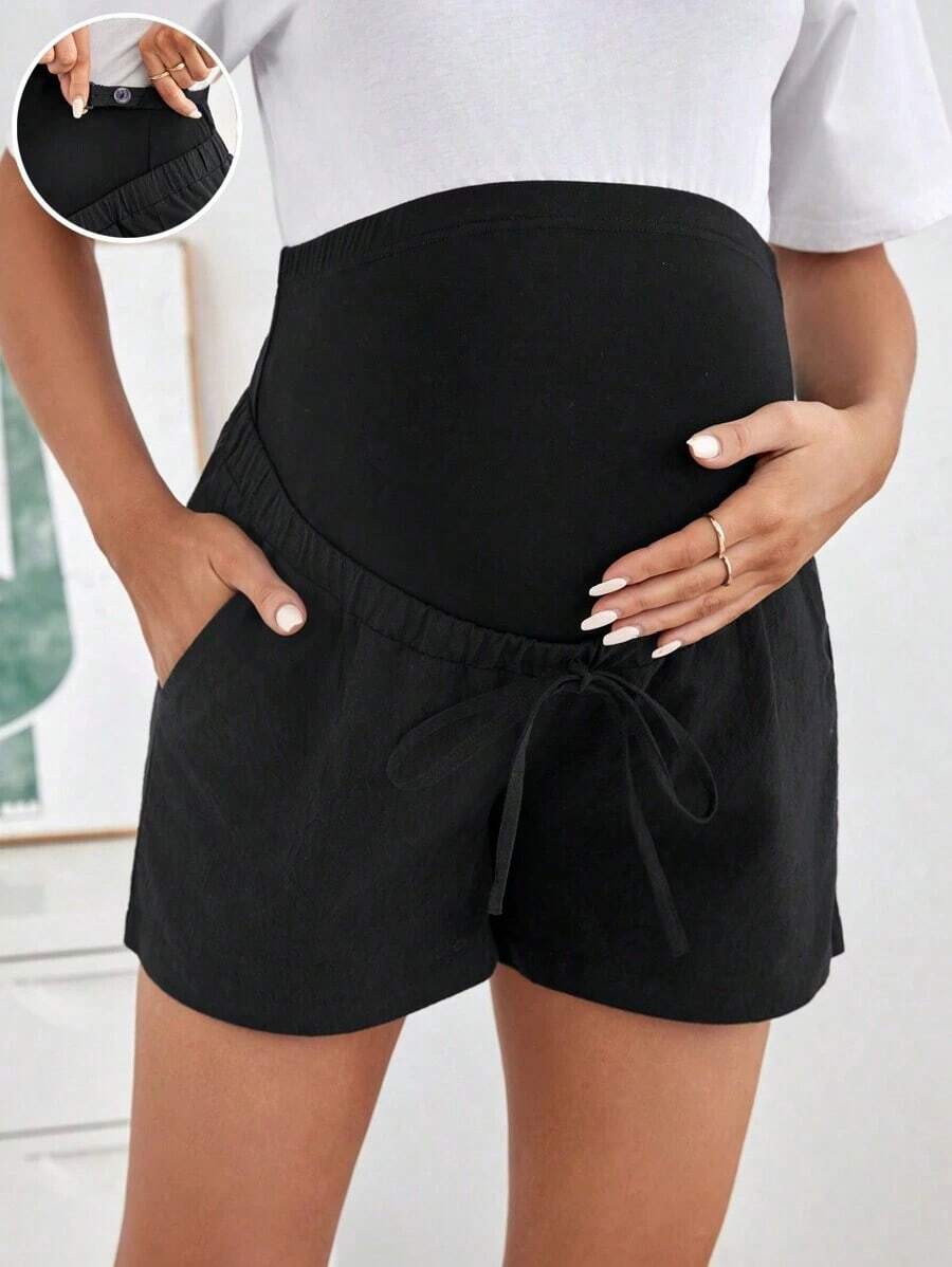 Pantalones Cortos Casuales De Verano De Maternidad Con Cintura Ajustable - Negro - Ver 1