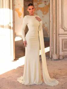 de tela elástica elegante, romántico y de moda con decoración de pliegues drapeados, bajo de cola de pez, mini tren, adecuado para invitados de boda, vacaciones, fiesta de cumpleaños, ceremonia de boda, vestido de dama de honor - Albaricoque - Ver 5