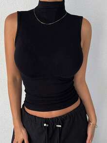 Tops de mujer de cuello alto, ajustados, sin mangas y con envolvente - Negro 2 - Ver 9