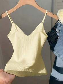 Top de tirantes finos de mujer con textura de tela sin mangas y decoración de lazo para el verano - Amarillo - Ver 2