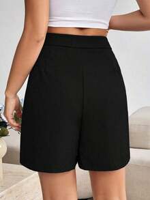 Shorts de verano informales para mujer, sólidos y con pliegues - Negro - Ver 2