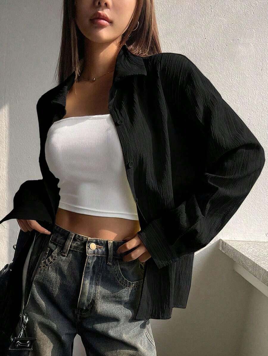 Camisa de mujer de manga larga de unicolor casual, para primavera y otoño, blusas de manga larga estilo Y2K, ropa de mujer de otoño - Negro - Ver 1