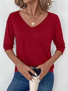 Camiseta de manga larga con cuello en V regular y estilo minimalista casual, adecuada para otoño/invierno - Burdeos - Ver 4