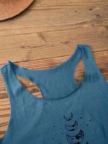 LUNE Camiseta de tirantes casual de mujer con estampado de luna y estrellas, cuello redondo, adecuada para el verano - Niebla azul - Ver 4