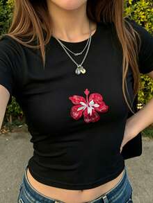 Blusa corta de mujer para verano, estampado de flor de hibisco, corte ajustado, cuello redondo, manga corta, estilo casual en color blanco QQCL - Negro - Ver 5