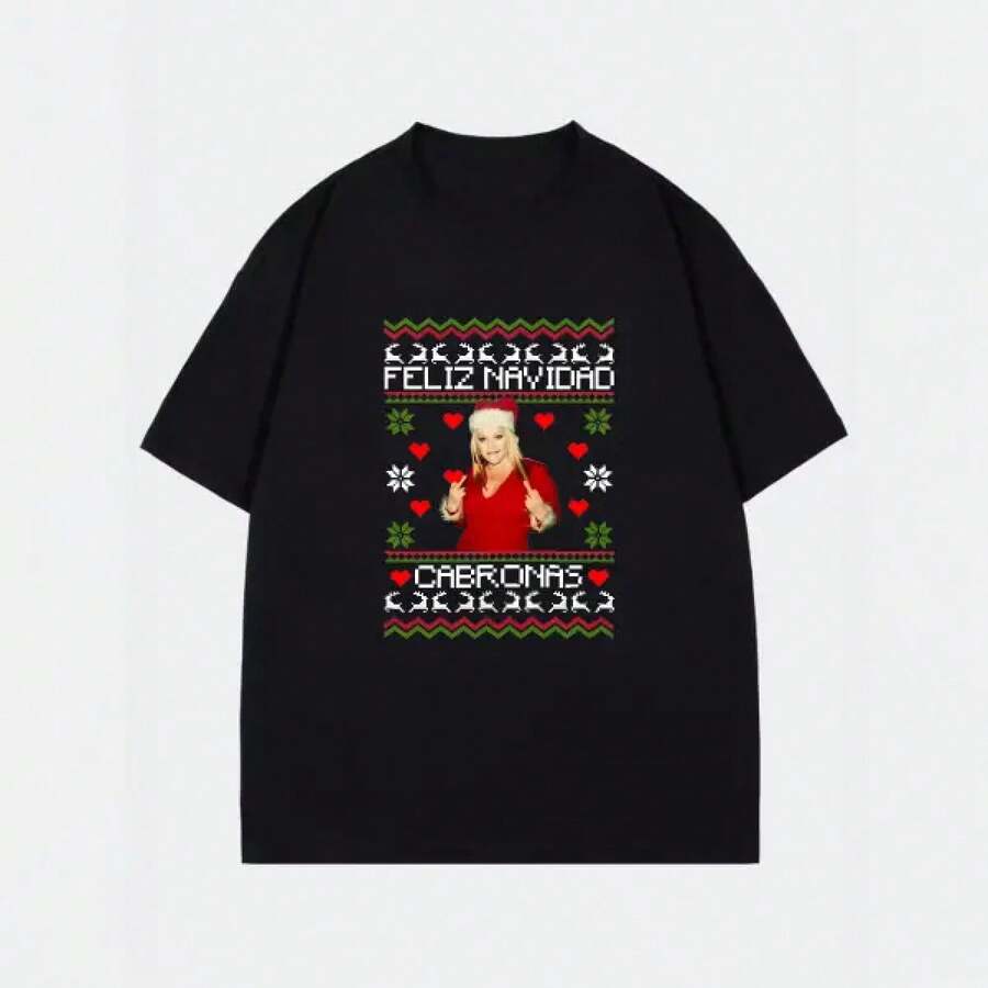 Camiseta negra de manga corta con estampado navideño latinoamericano, prenda informal, conjunto navideño, unisex. - Negro - Ver 1