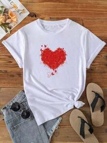 1 Pc Women's Saffron Heart Butterfly Print Shirt, Spring And Summer Casual Loose Round Neck Short Sleeve, 180g 100% Cotton. The Patterns Are All Printed. Unisex. - 白色的 - 查看 3