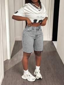 Plus Size Light Grey Distressed Frayed High Waist Stretchy Denim Capri Shorts, Suitable For Dates, Outings, Summer Chic, Slimming, Retro Versatile All-Match Casual - Light Gray - View 11