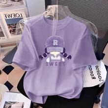 Girls' Cartoon Print Short Sleeve T-Shirt, New Summer Fashion 2026, Loose Fit, Plus Size, Slimming Effect, Covers The Belly, Unique Top. - 白色 - 查看 5