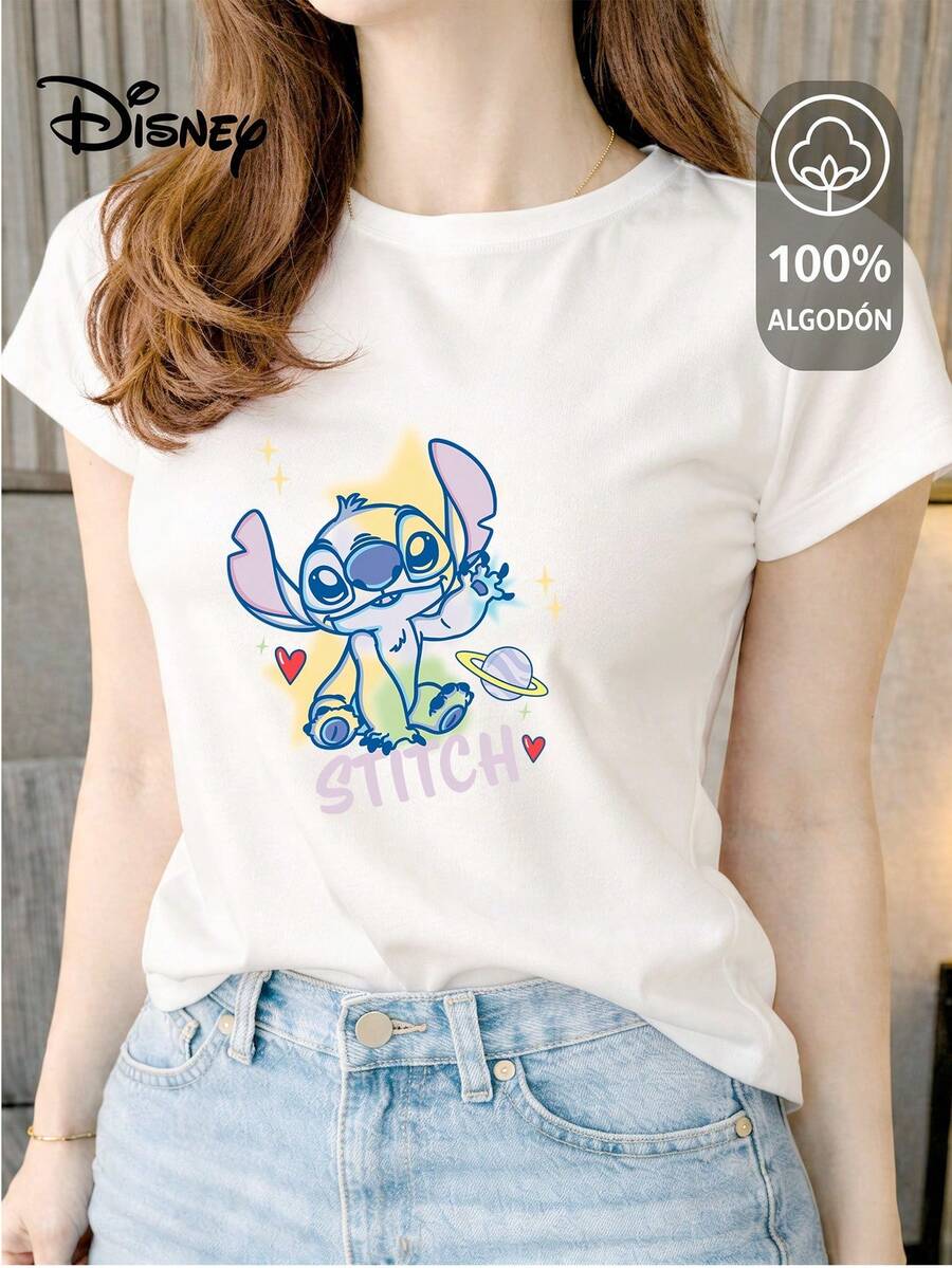 Women's T-Shirt Made Of 100% High-Quality Cotton. This T-Shirt Guarantees Exceptional Softness To The Touch, With A Round Neck, "Disney Stitch Galactic" Print, And Short Sleeves. - 白色 - 查看 1