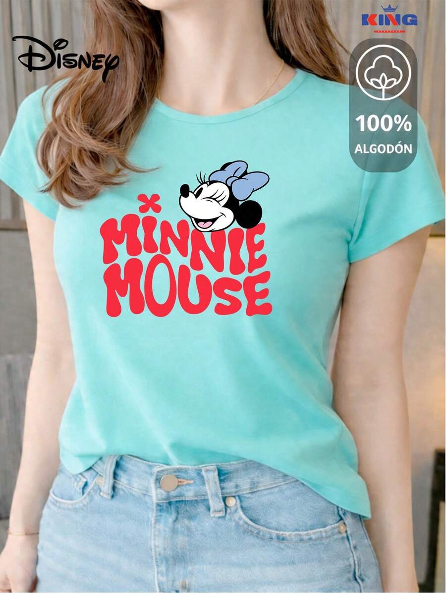 Women's T-Shirt Made Of 100% High-Quality Cotton, This T-Shirt Guarantees Exceptional Softness To The Touch, Round Neck With "Disney Minnie Mouse Retro Smile" Print And Short Sleeves - 水 - 查看 1